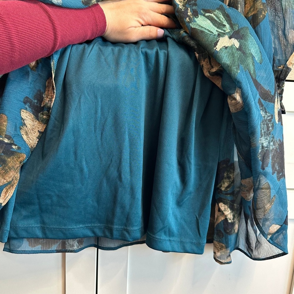 Harper Rose Floral Mini Dress Womens 12 Teal Long Sleeve Smocked Tiered Chiffon - Picture 5 of 9